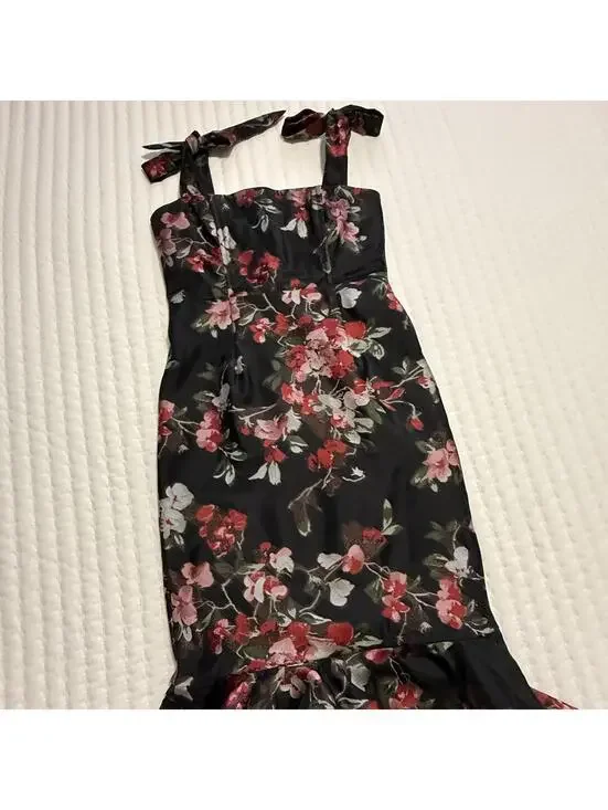 LPA Zelmira Sleeveless Black Floral Midi Ruffle Flounce Dress Sz XS Revolve - Picture 12 of 15